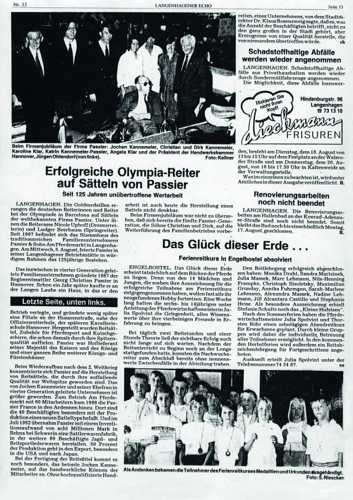 Zeitungsbericht über erfolgreiche Olympia-Reiter auf Sätteln von Passier