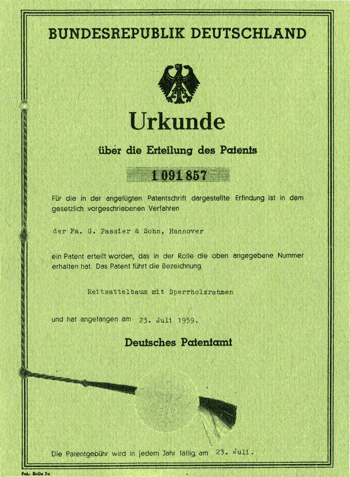 Patenturkunde von 1959 für den Reitsattelbaum mit Sperrholzrahmen