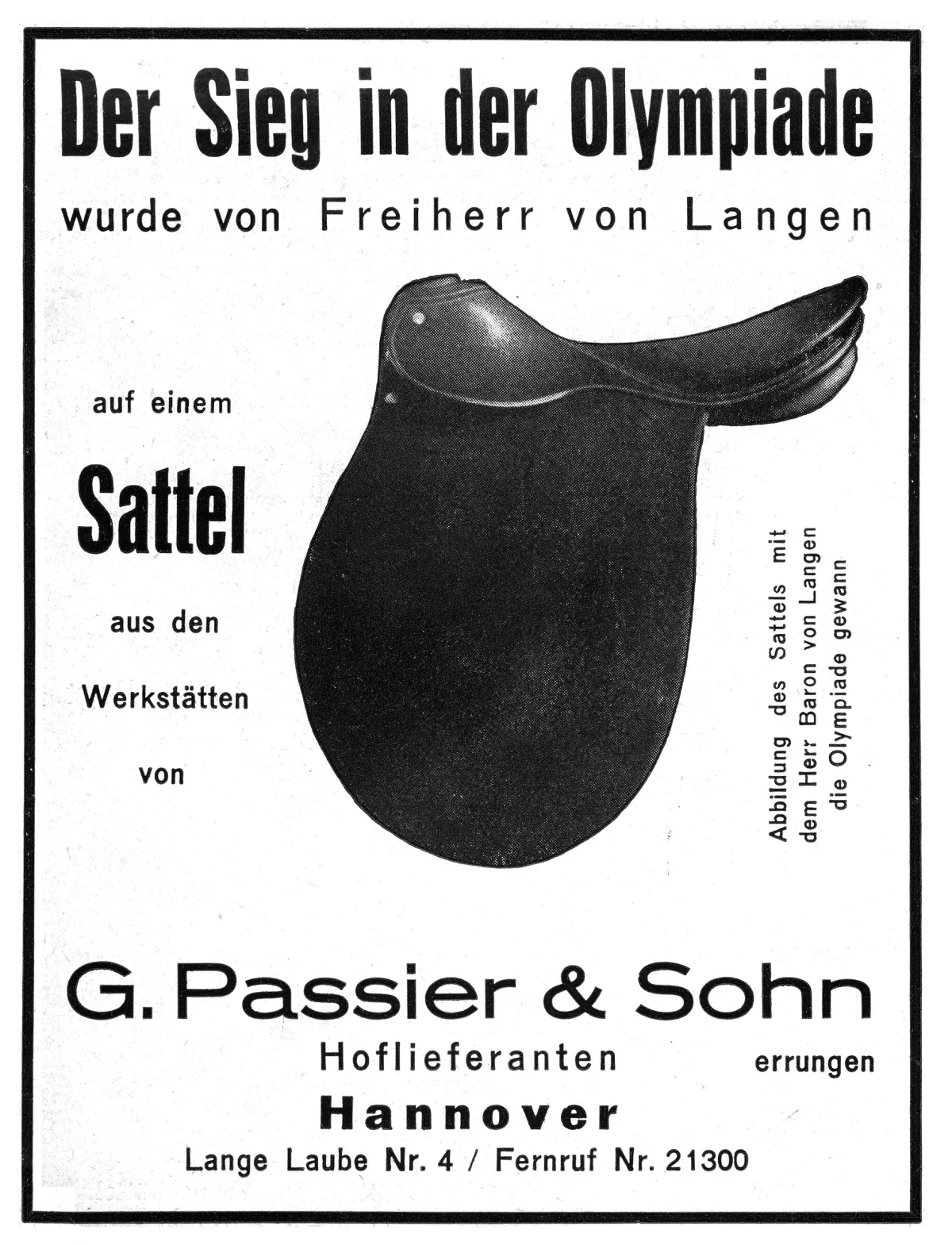 Historische Anzeige: Der Sieg in der Olympiade auf einem Sattel von G. Passier & Sohn